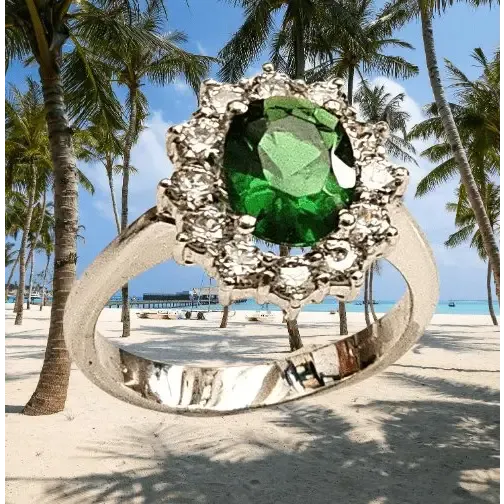 Anello Oro Bianco con Zircone Verde e Zirconi