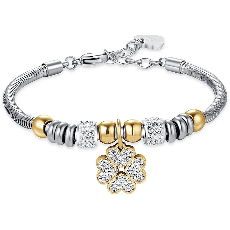 Bracciale donna gioielli Luca Barra bk2337 con ciondolo quadrifoglio dorato