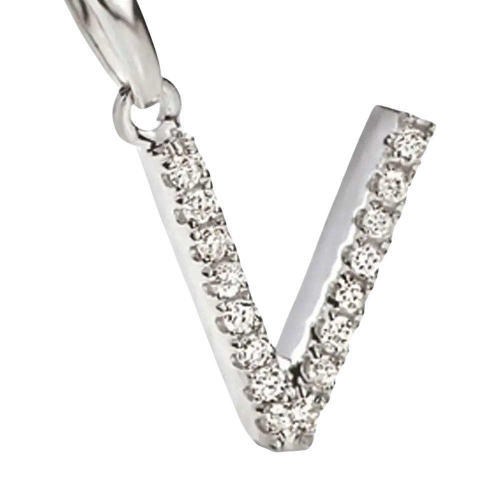 Ciondolo Lettera V Oro Bianco e Zirconi AMBROSIA
