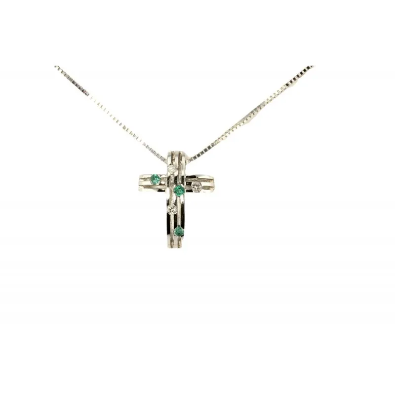 collana con croce pendente donna Bliss k33103 in oro 750 bianco con smeraldi e diamanti