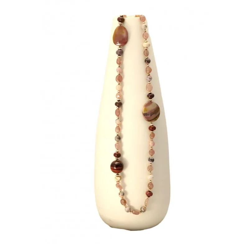 collana Gemmarium lunga donna Kilim kilimc043 in Mokaite, quarzo strawberry, opale rosa e argento 925