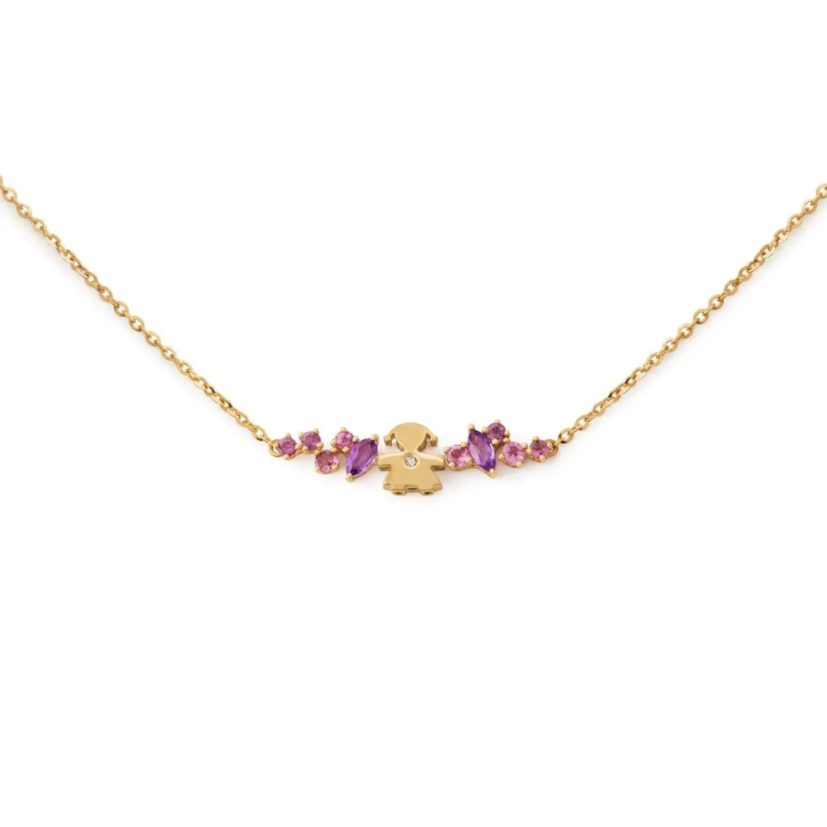 COLLANA LES BONBONS CON SAGOMA BIMBA, IN ORO GIALLO CON AMETISTE, TORMALINE E DIAMANTE - LBB855