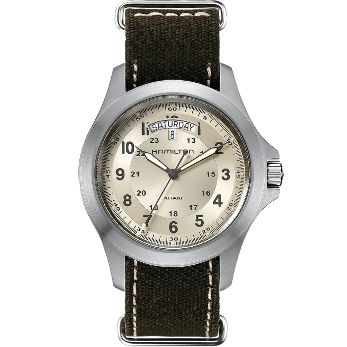 OROLOGIO HAMILTON KHAKI FIELD KING QUARZO 40 MM ACCIAIO CANVAS VERDE QUADRANTE CHAMPAGNE - H64451823