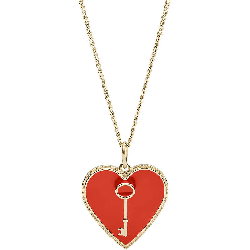 Fossil JF03297710 Collana Donna con Ciondolo Cuore e Chiave in Acciaio Dorato e Smalto Rosso - Vintage Motifs