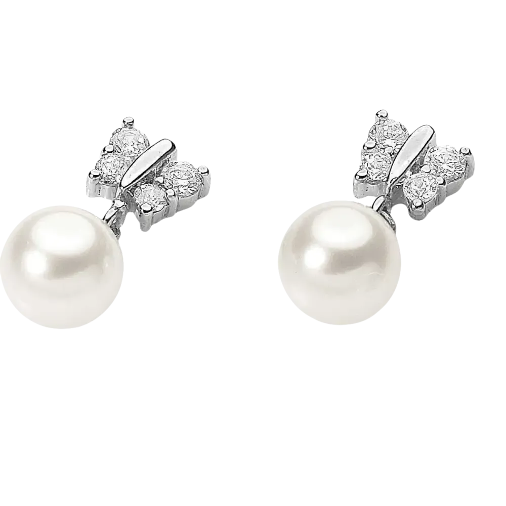 Orecchini Oro Bianco Farfalla e Perla AMBROSIA AOP 051