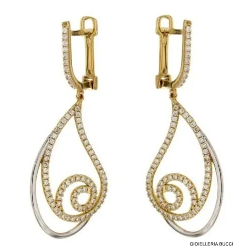 ORECCHINI PENDENTI IN ORO GIALLO E BIANCO 18 KT CON ZIRCONI BIANCHI