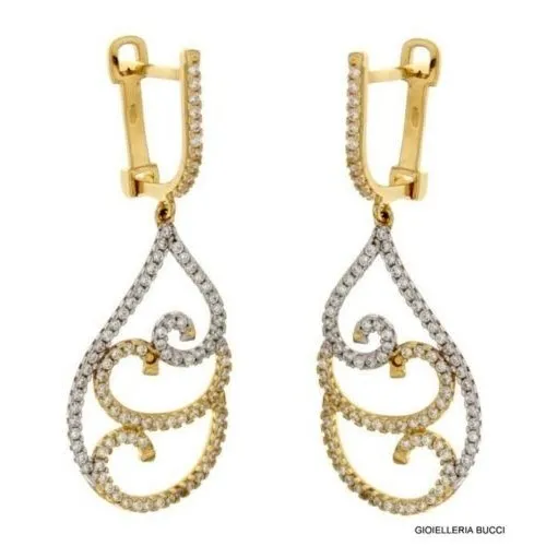 ORECCHINI PENDENTI IN ORO GIALLO E BIANCO 18 KT CON ZIRCONI BIANCHI TAGLIO BRILLANTE