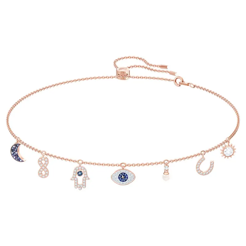 SWAROVSKI – COLLANA DONNA – Collana Swarovski Symbolic Luna, infinito, mano, evil eye e ferro di cavallo, Blu, Placcato color oro rosa