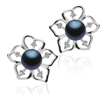 7-8mm di Perle Acqua Dolce Orecchini en Girasole Nero
