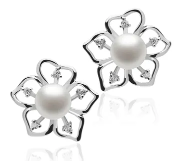 7-8mm di Perle Acqua Dolce Orecchini en Girasole Bianco